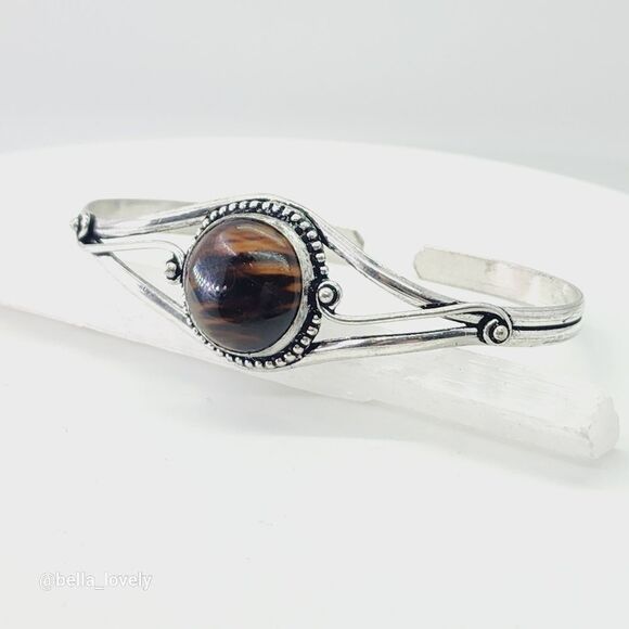 Montana Agate Sterling Silver Plated Adjustable Bangle Bracelet Jewelry - Picture 1 of 4